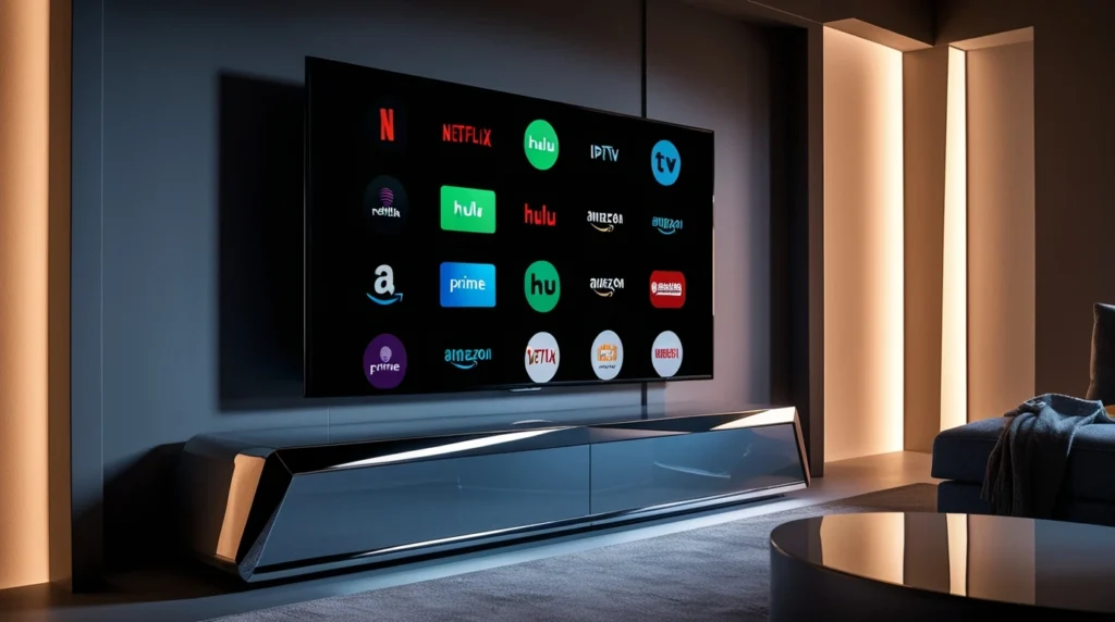 Modern living room with Smart TV displaying various best IPTV service logos.